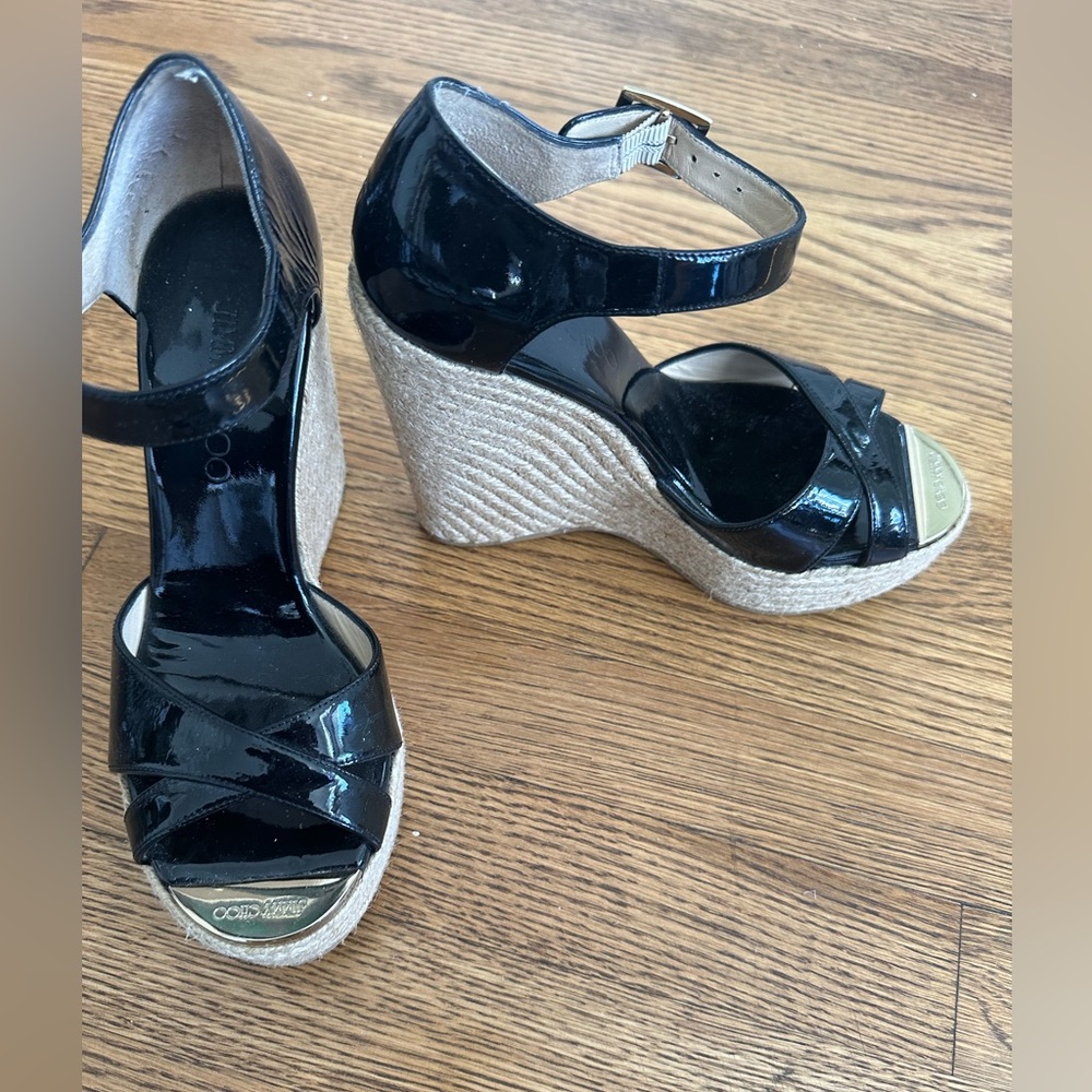 Jimmy Choo black patent leather platforms with tweed detailing
